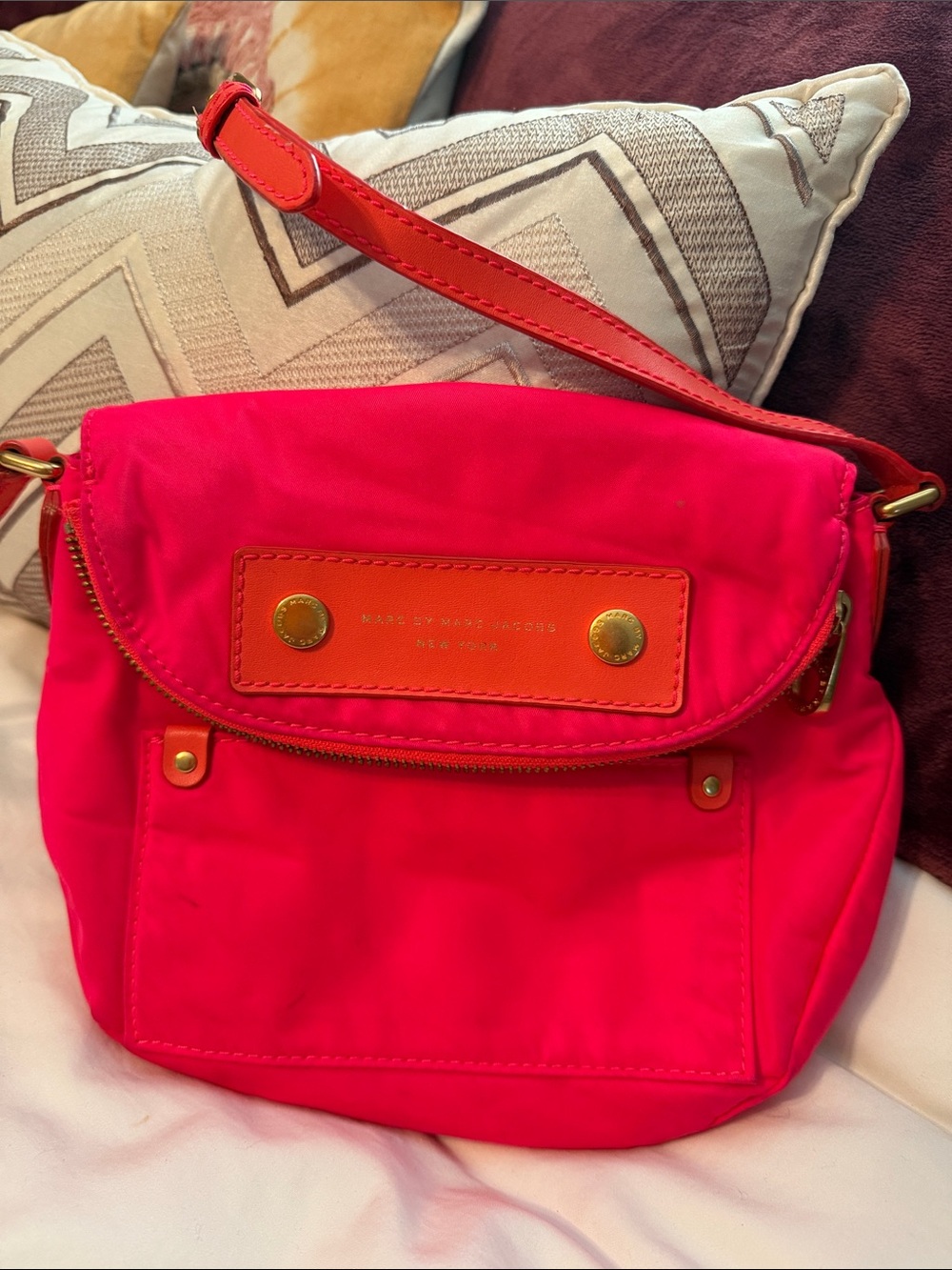 Marc by Marc Jacobs Preppy Natasha Nylon Crossbody in PINK with Orange Trim